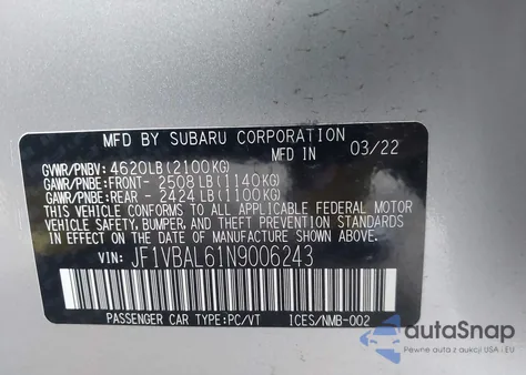 2022 Subaru Wrx Limited из США, поврежденный, VIN JF1VBAL61N9006243